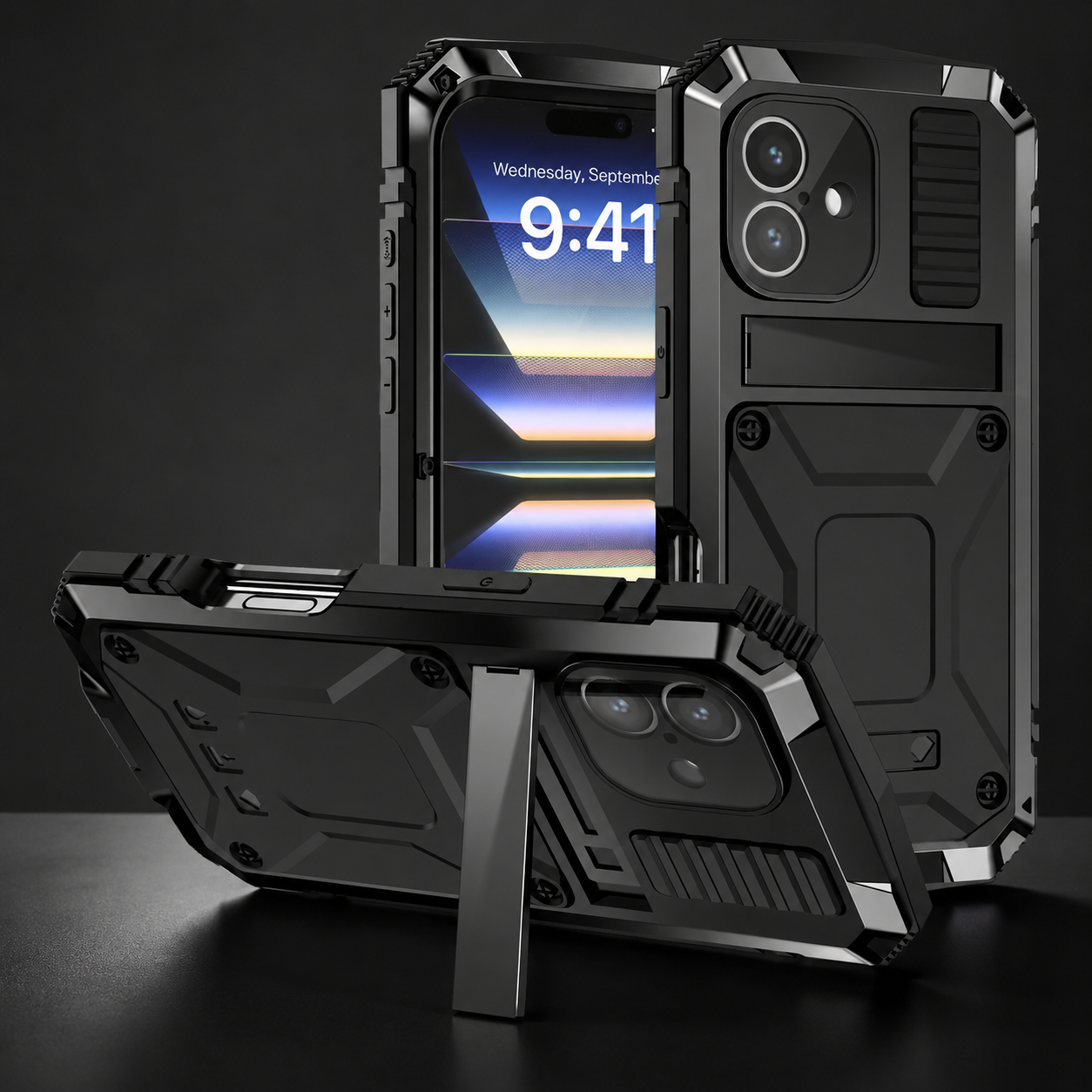 Premium iPhone Case Rugged Military Grade Aluminum Armor Cover 360 Shockproof Tempered Glass Screen Guard Dustproof Kickstand Heavy Duty Protection