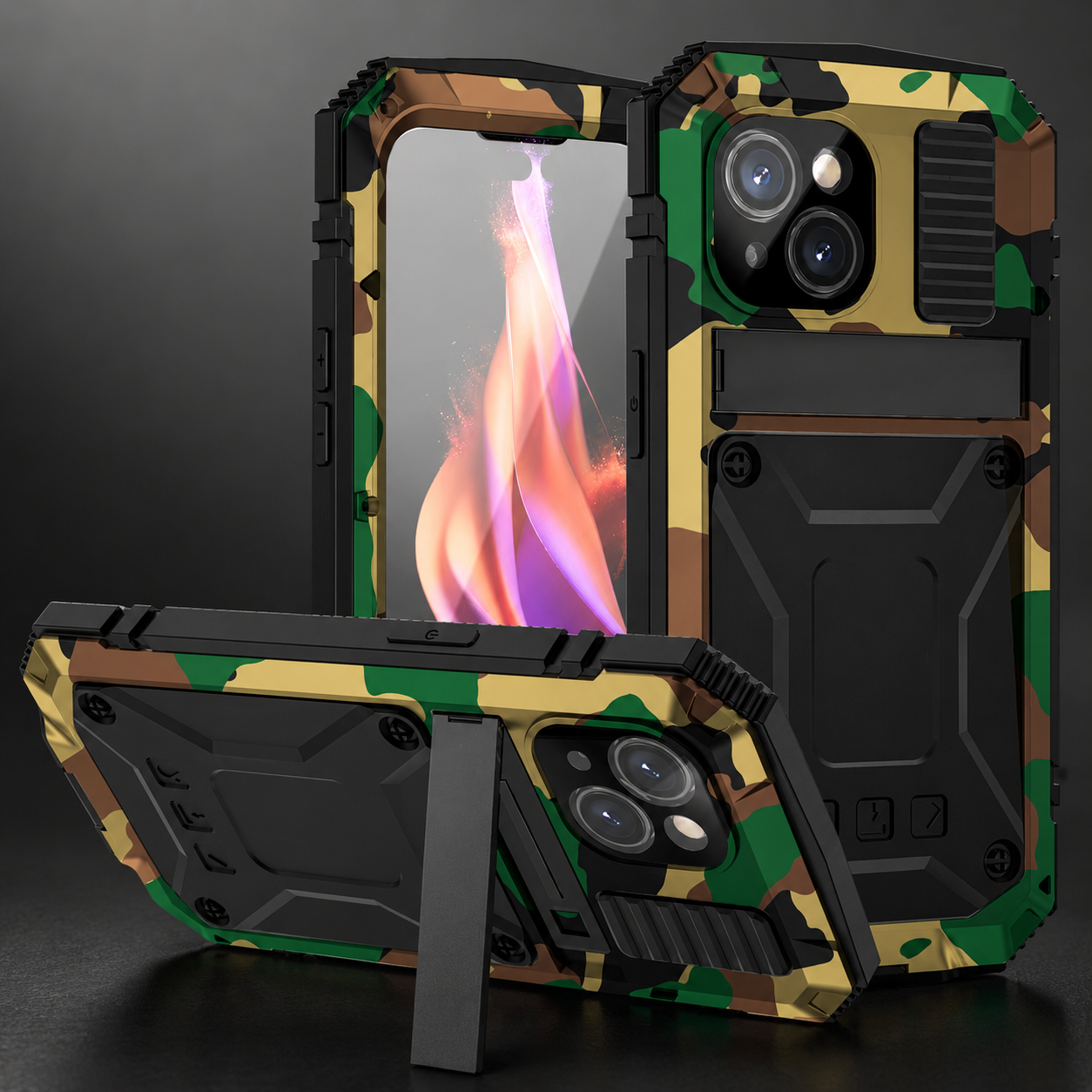 Premium iPhone Case Rugged Military Grade Aluminum Armor Cover 360 Shockproof Tempered Glass Screen Guard Dustproof Kickstand Heavy Duty Protection