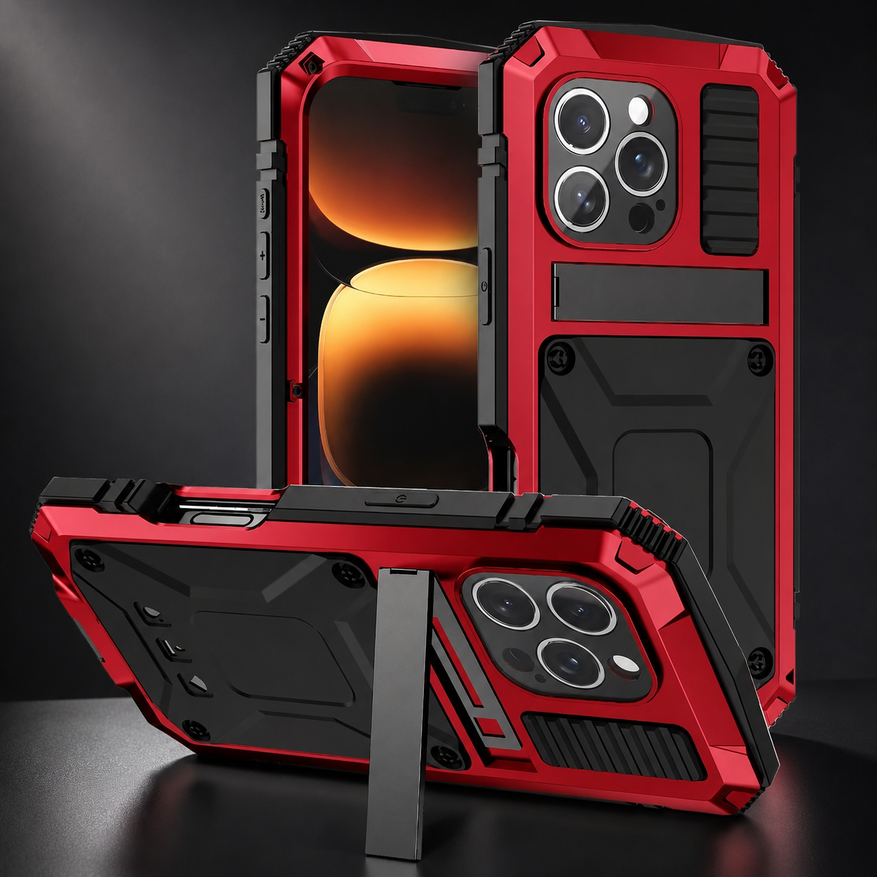 Premium iPhone Case Rugged Military Grade Aluminum Armor Cover 360 Shockproof Tempered Glass Screen Guard Dustproof Kickstand Heavy Duty Protection