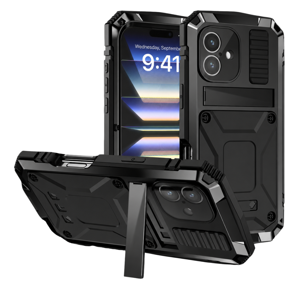 Premium iPhone Case Rugged Military Grade Aluminum Armor Cover 360 Shockproof Tempered Glass Screen Guard Dustproof Kickstand Heavy Duty Protection