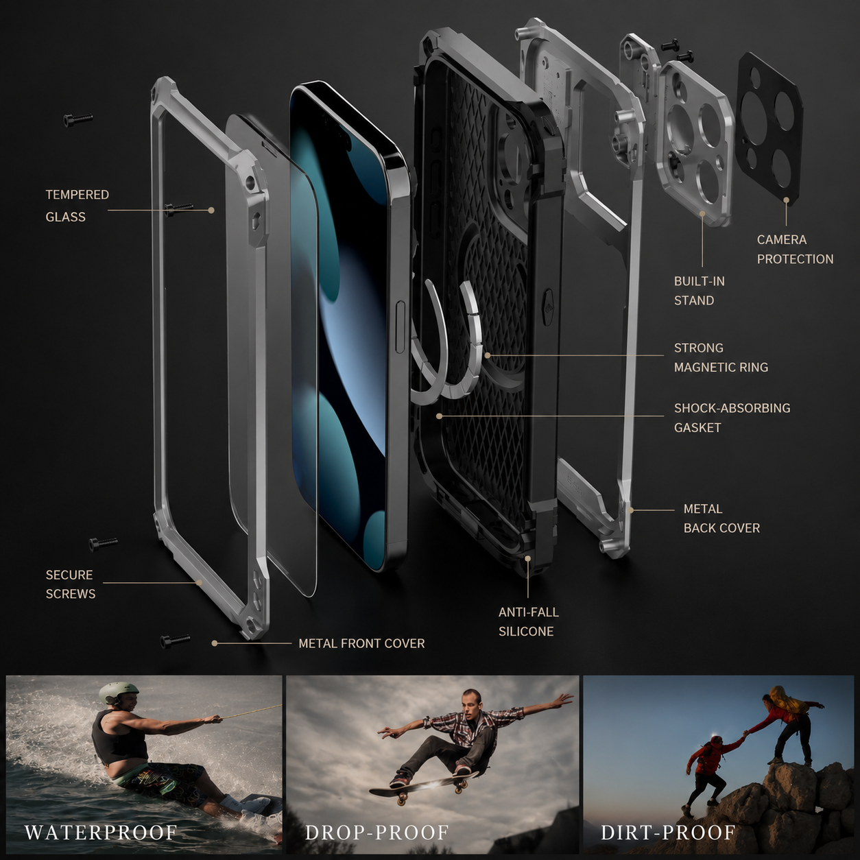 Premium iPhone Case Rugged Military Grade Protective Cover Built In Screen Guard Sliding Camera Shield Kickstand Heavy Duty Anti Slip Full Body Design