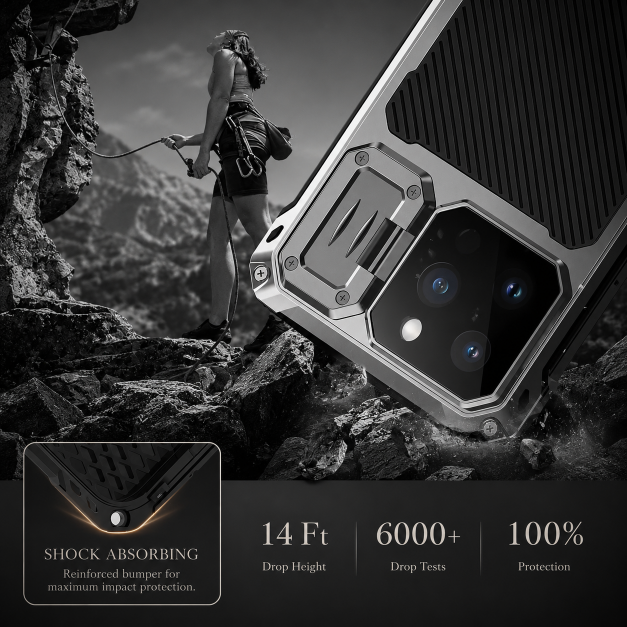 Premium iPhone Case Rugged Military Grade Protective Cover Built In Screen Guard Sliding Camera Shield Kickstand Heavy Duty Anti Slip Full Body Design