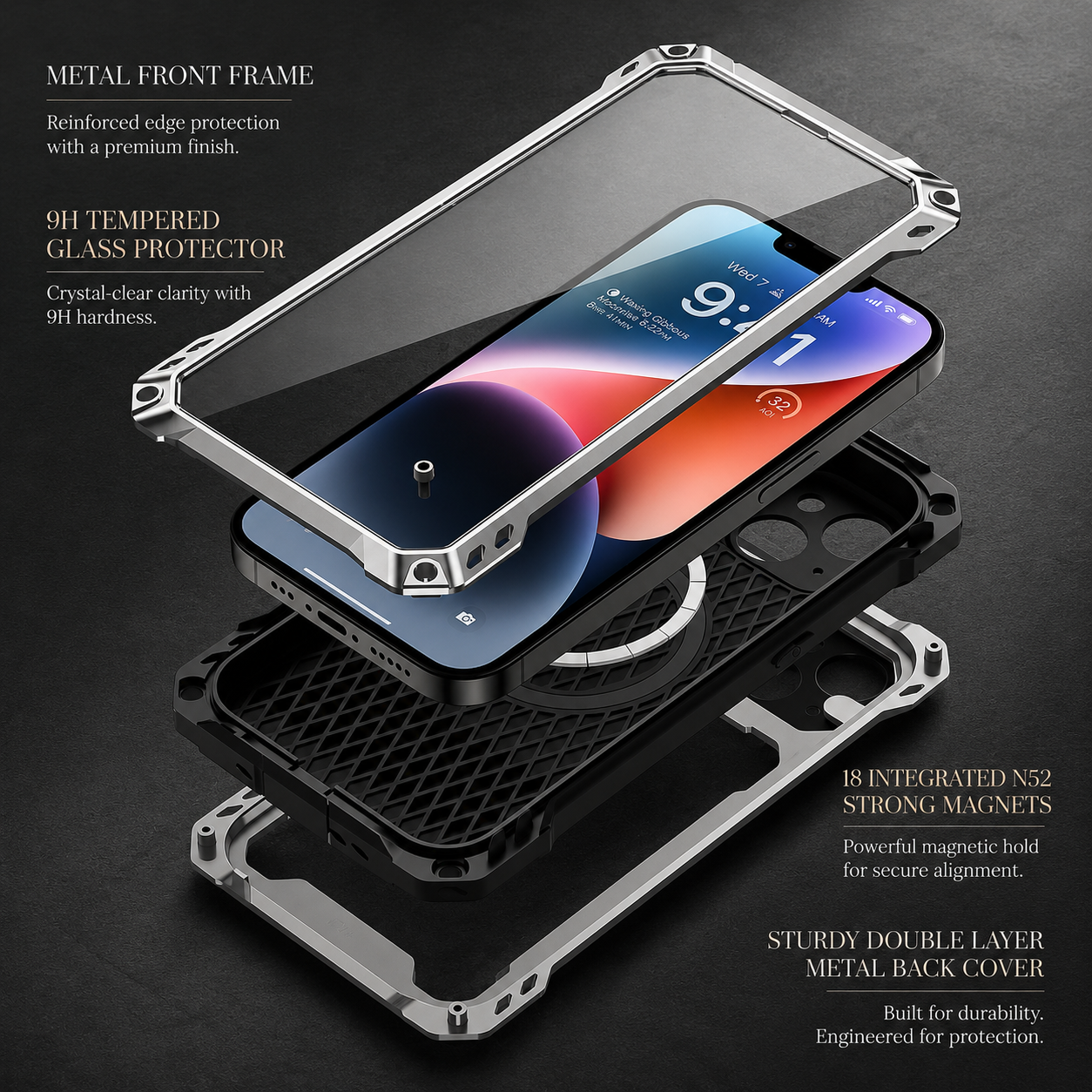 Premium iPhone Case Rugged Military Grade Protective Cover Built In Screen Guard Sliding Camera Shield Kickstand Heavy Duty Anti Slip Full Body Design
