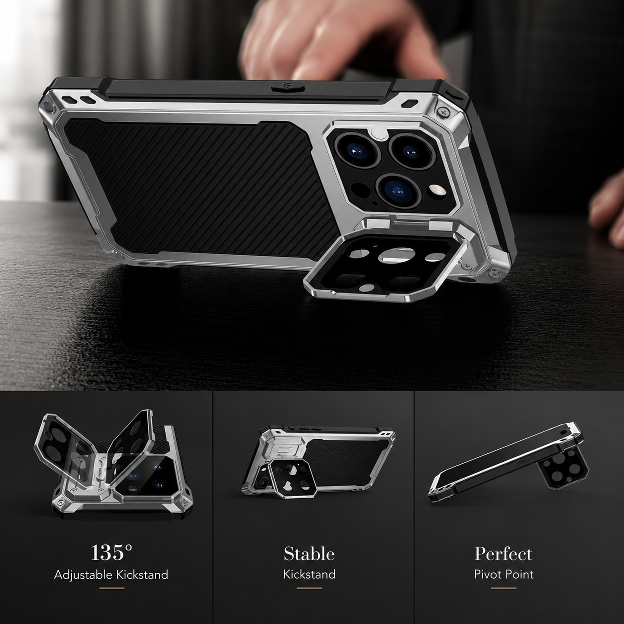 Premium iPhone Case Rugged Military Grade Protective Cover Built In Screen Guard Sliding Camera Shield Kickstand Heavy Duty Anti Slip Full Body Design