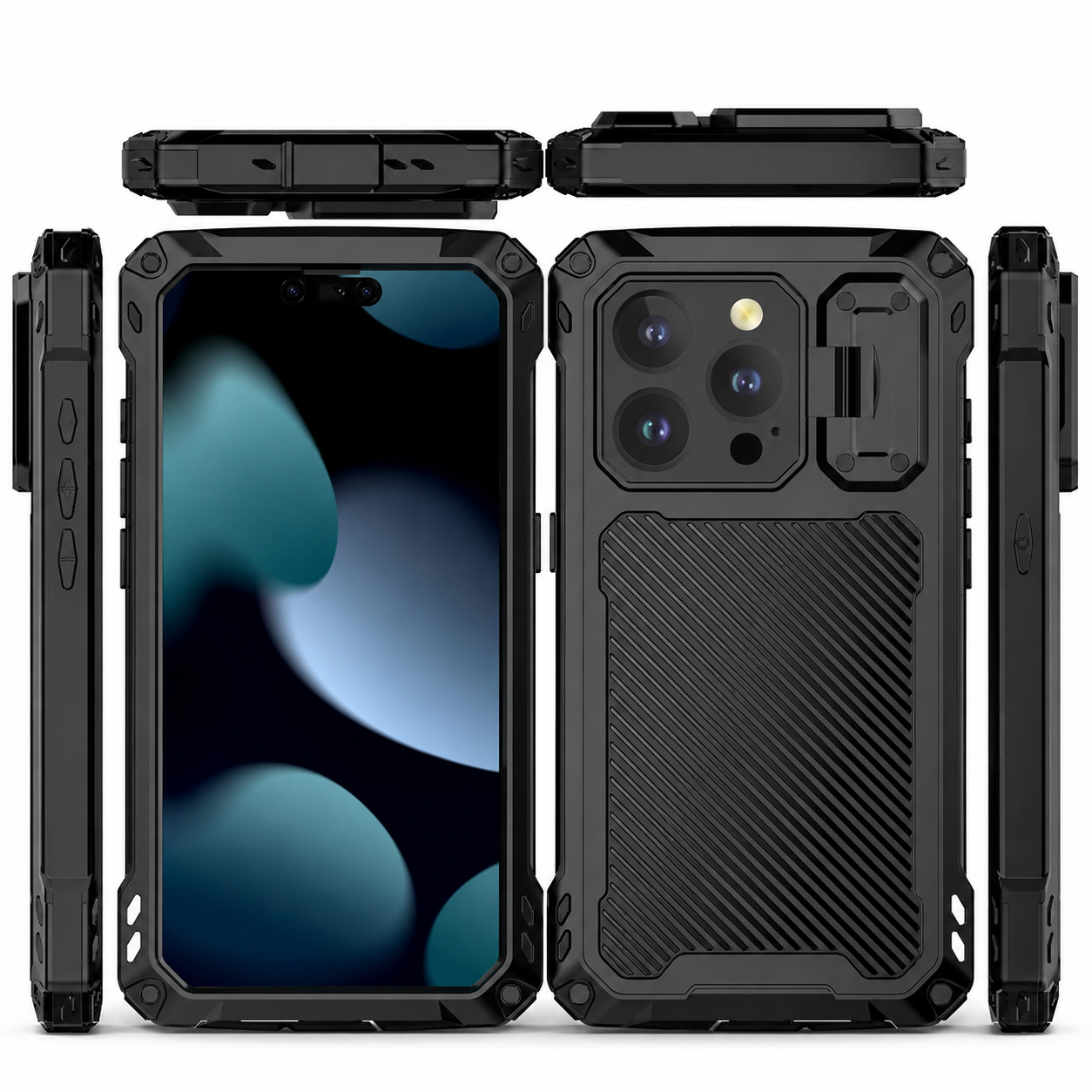 Premium iPhone Case Rugged Military Grade Protective Cover Built In Screen Guard Sliding Camera Shield Kickstand Heavy Duty Anti Slip Full Body Design