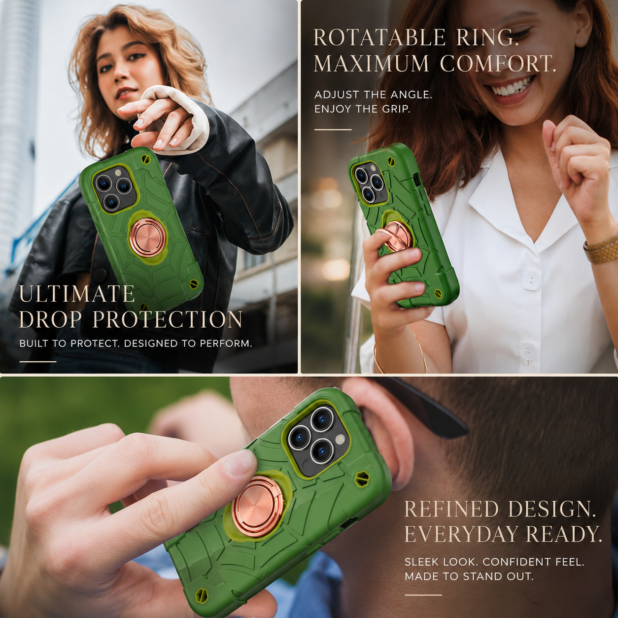Premium iPhone Case Rugged Military Grade Protective Cover Camera Lens Protection Dual Layer Shockproof Armor Ring Holder Kickstand Full Protection