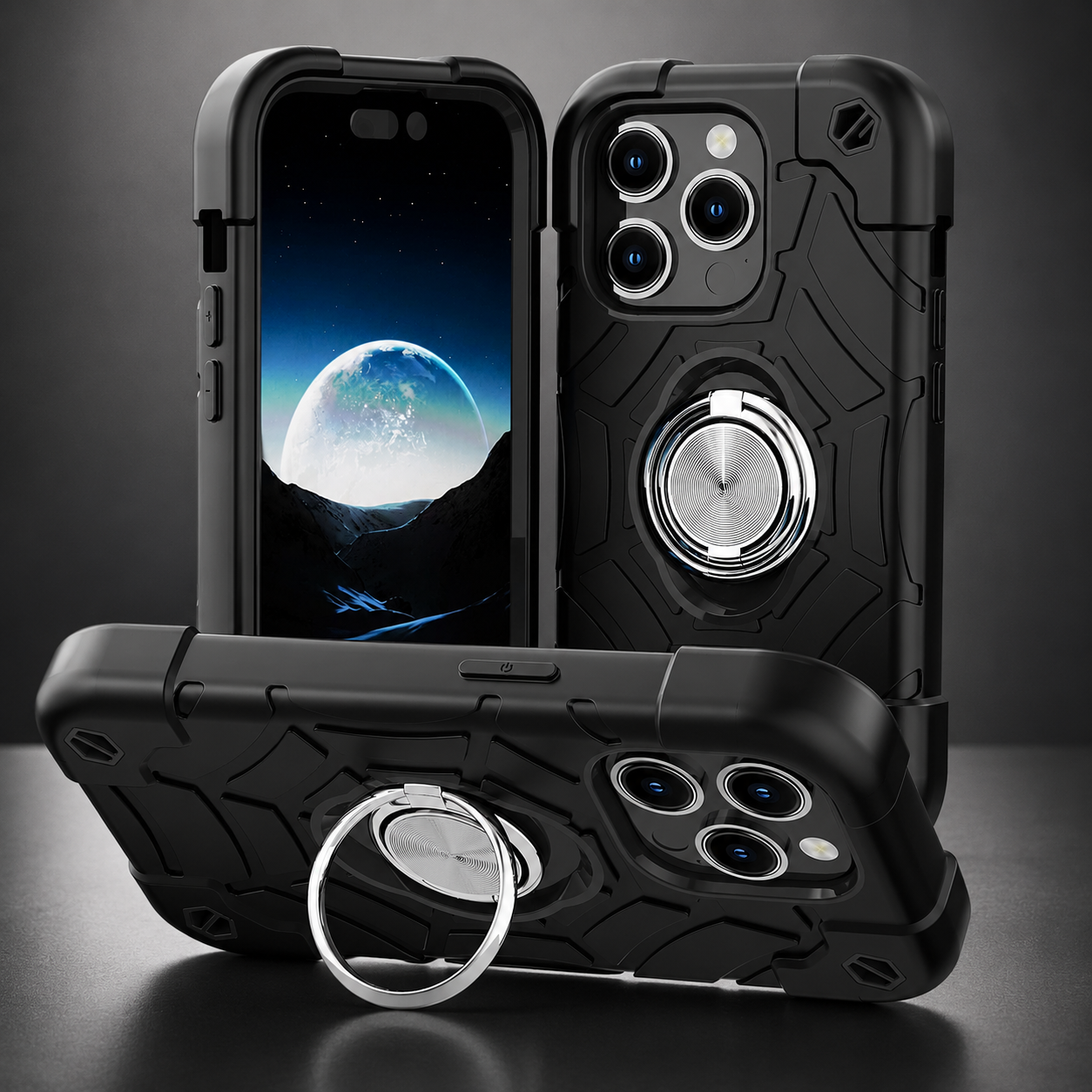 Premium iPhone Case Rugged Military Grade Protective Cover Camera Lens Protection Dual Layer Shockproof Armor Ring Holder Kickstand Full Protection