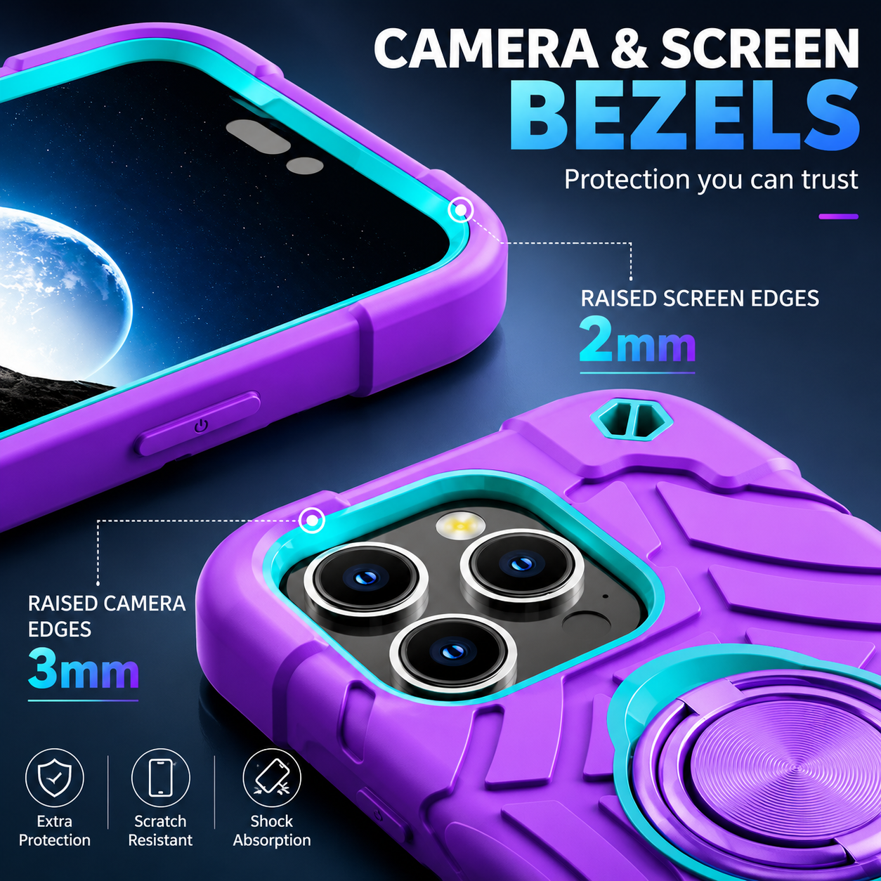 Premium iPhone Case Rugged Military Grade Protective Cover Camera Lens Protection Dual Layer Shockproof Armor Ring Holder Kickstand Full Protection