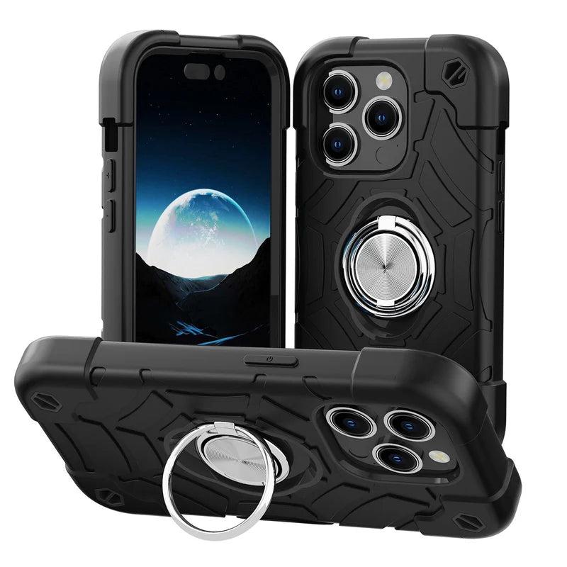 Premium iPhone Case Rugged Military Grade Protective Cover Camera Lens Protection Dual Layer Shockproof Armor Ring Holder Kickstand Full Protection
