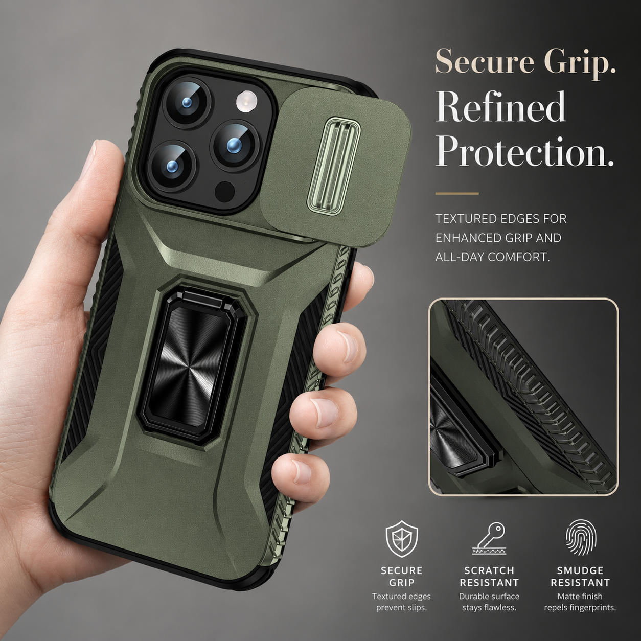 Premium iPhone Case Shockproof Protective Cover Sliding Camera Lens Guard Rotary Stand Anti Slip Grip Full Protection Durable Design