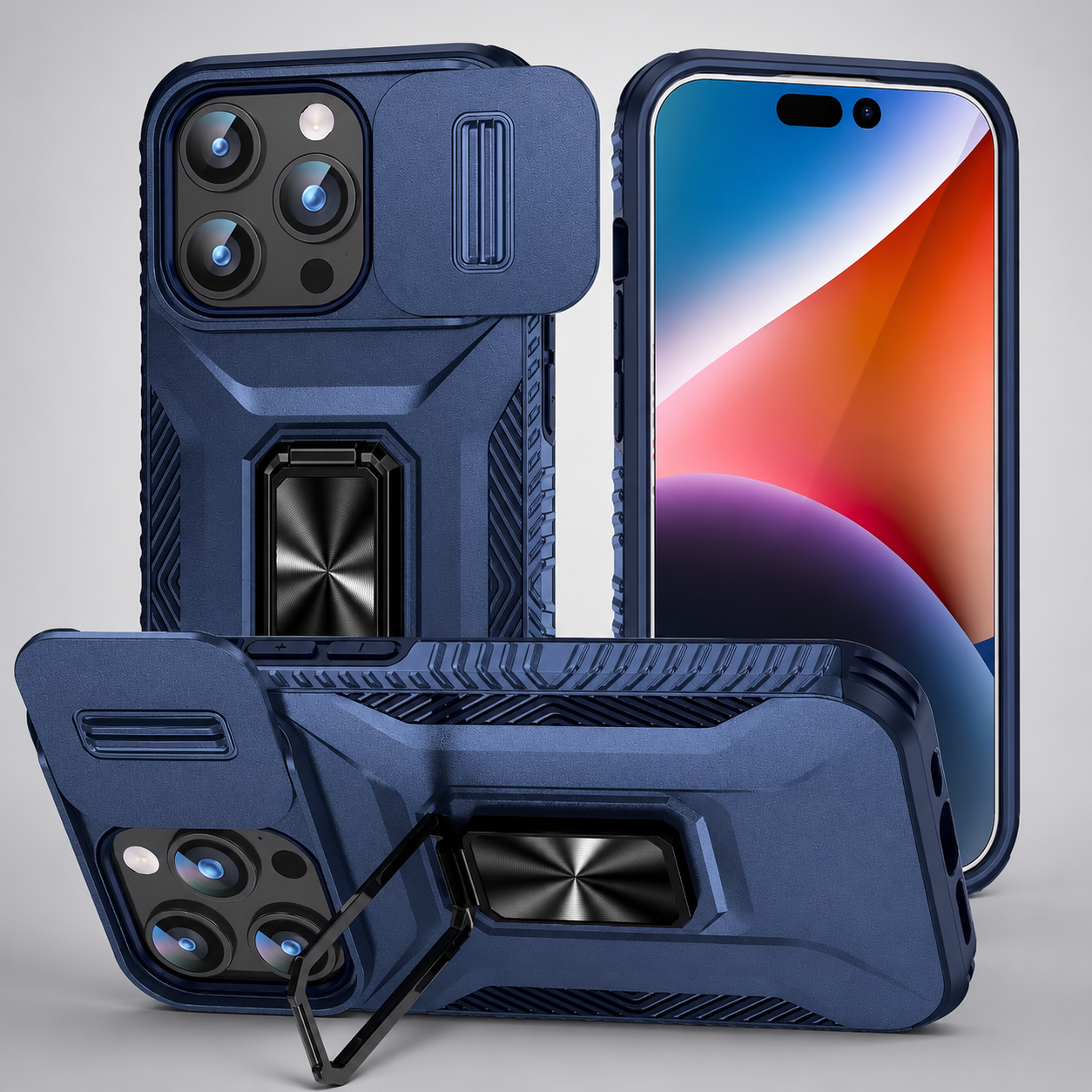 Premium iPhone Case Shockproof Protective Cover Sliding Camera Lens Guard Rotary Stand Anti Slip Grip Full Protection Durable Design