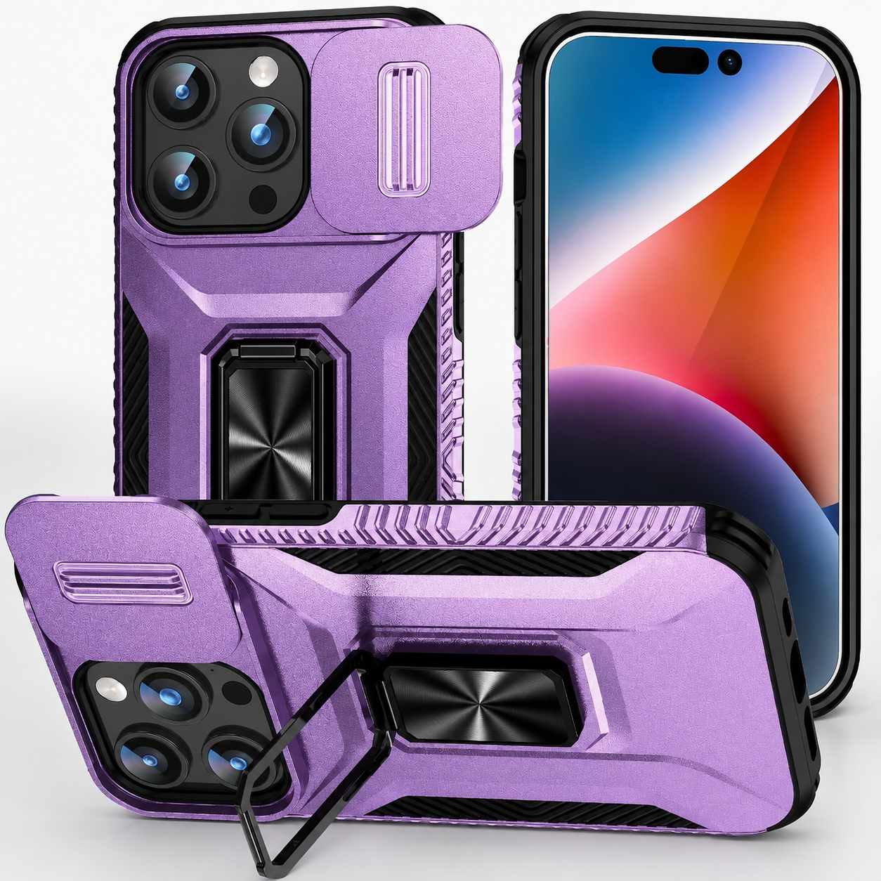 Premium iPhone Case Shockproof Protective Cover Sliding Camera Lens Guard Rotary Stand Anti Slip Grip Full Protection Durable Design