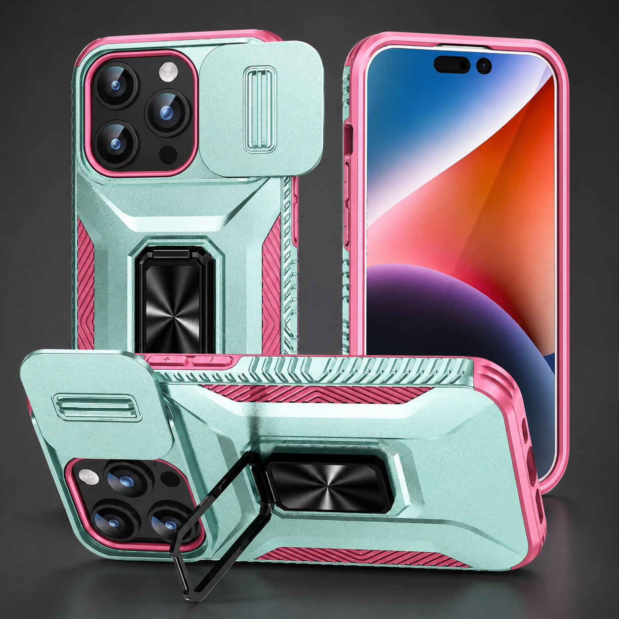 Premium iPhone Case Shockproof Protective Cover Sliding Camera Lens Guard Rotary Stand Anti Slip Grip Full Protection Durable Design