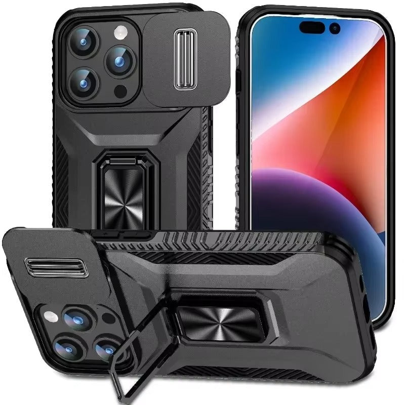 Premium iPhone Case Shockproof Protective Cover Sliding Camera Lens Guard Rotary Stand Anti Slip Grip Full Protection Durable Design