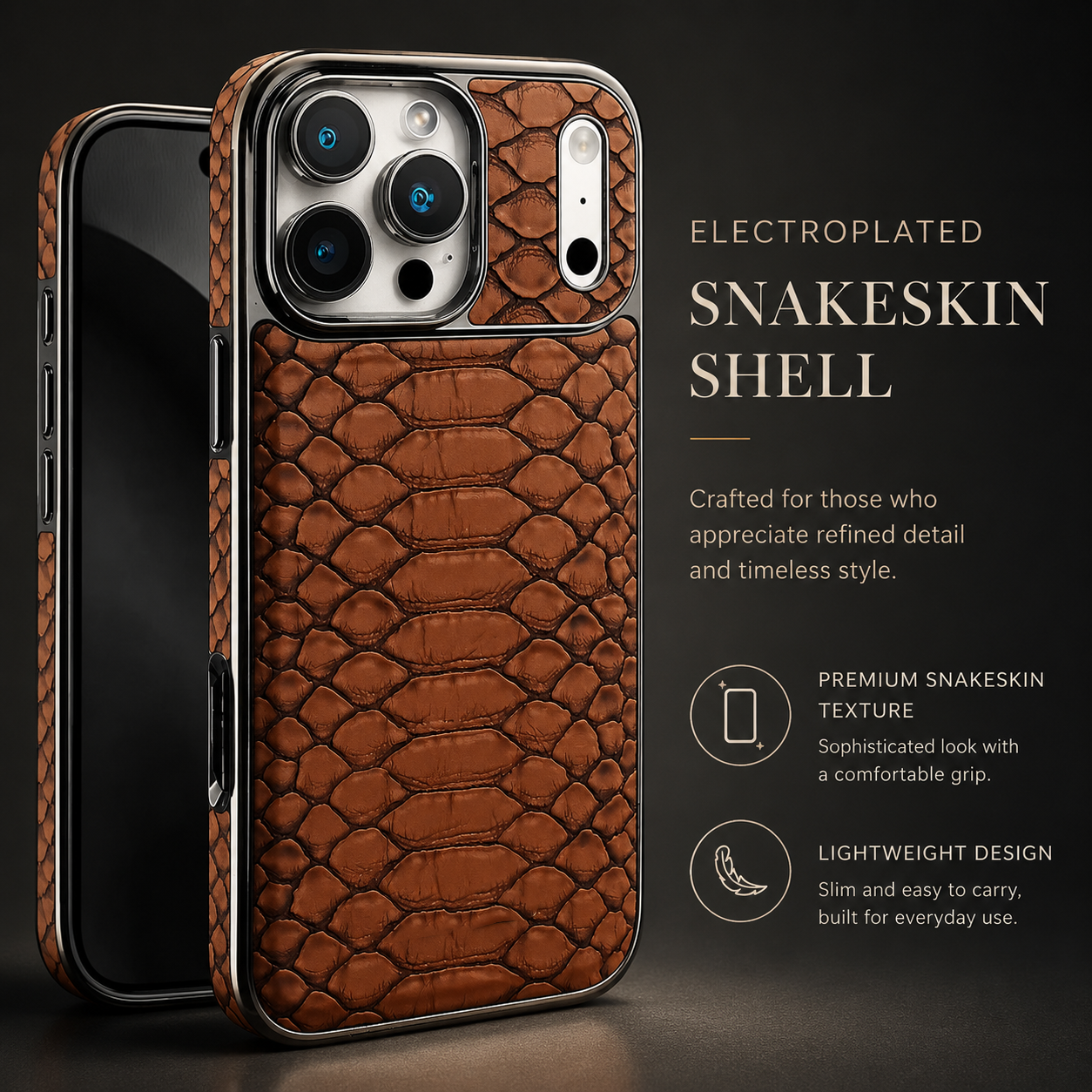Premium iPhone Case Snake Pattern Leather Design with Camera Lens Protection, Soft Flannel Interior, Non Slip Surface, Stylish Everyday Protection