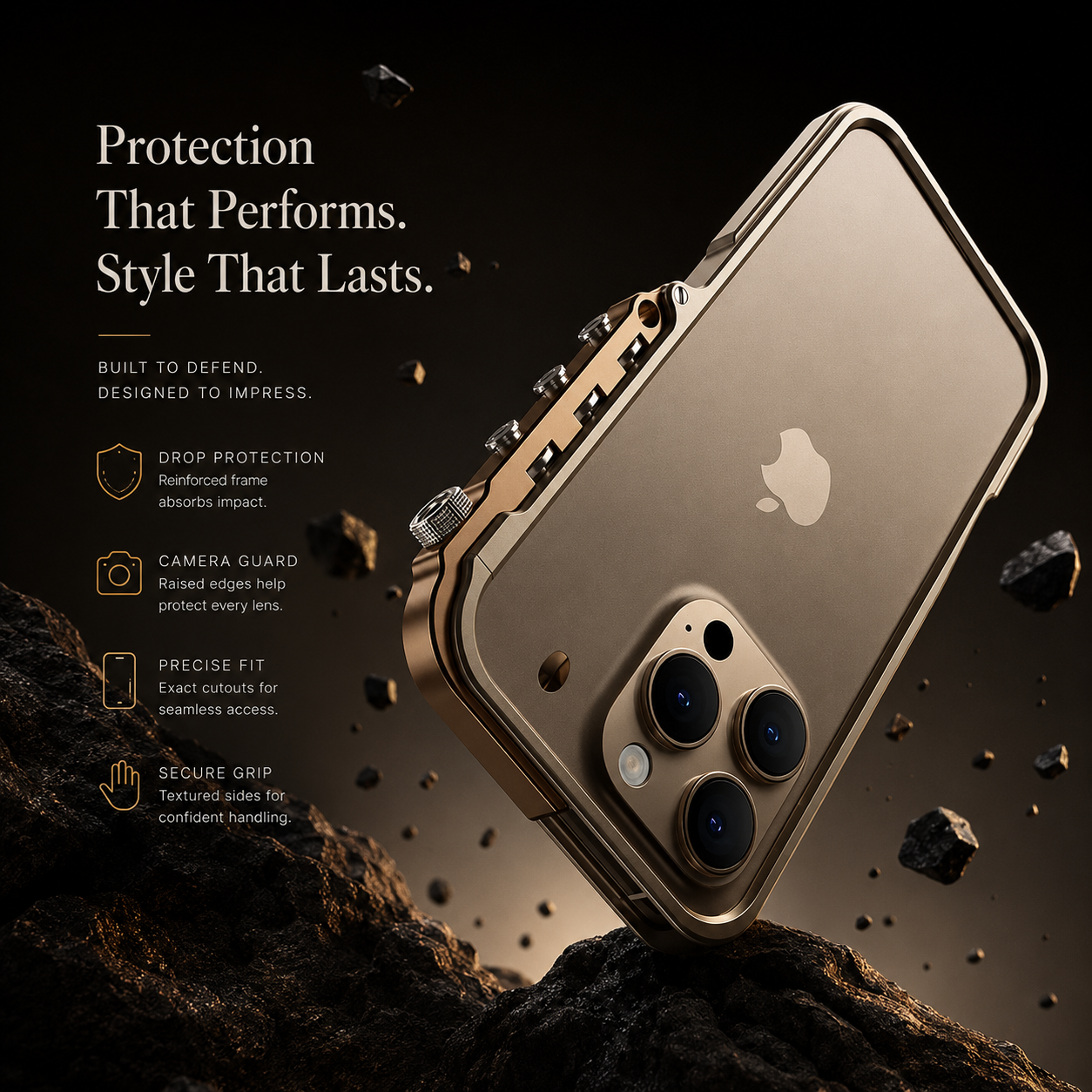 Premium iPhone Case Ultra-Light Aluminum Alloy Mecha Bumper, Shockproof Protective Frame with 360° Edge Protection, Lanyard Support and Secure Grip