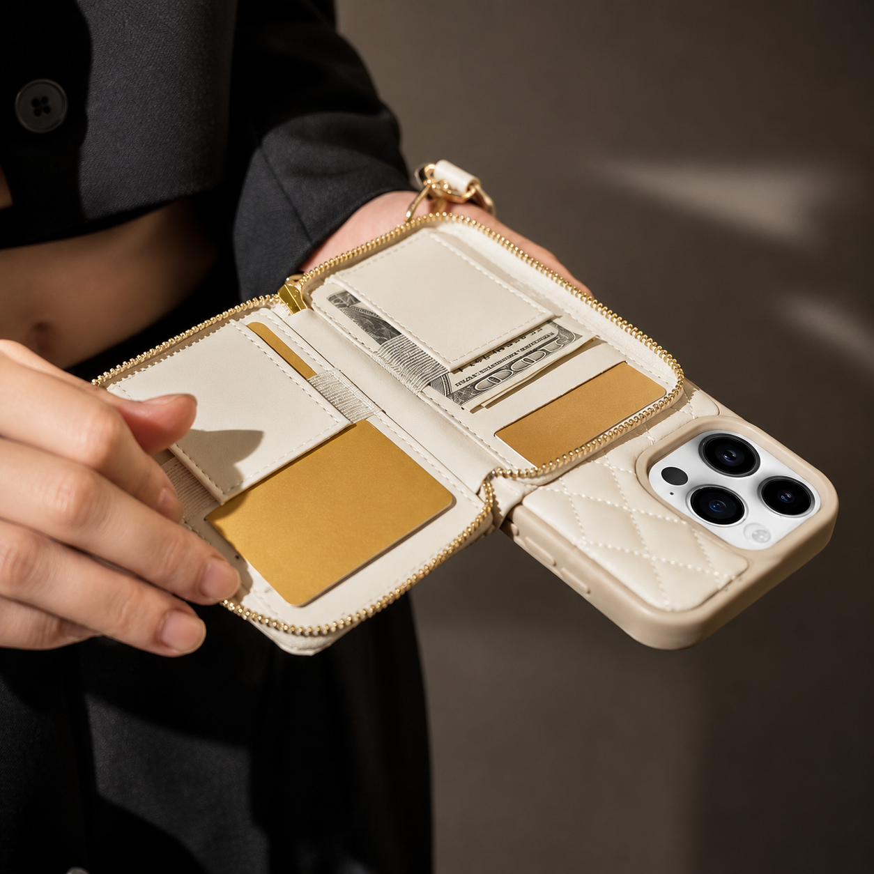 Premium iPhone Case Wallet Cover Card Holder Crossbody Chain Strap Shockproof Protective Cover Leather Design Non Slip Grip