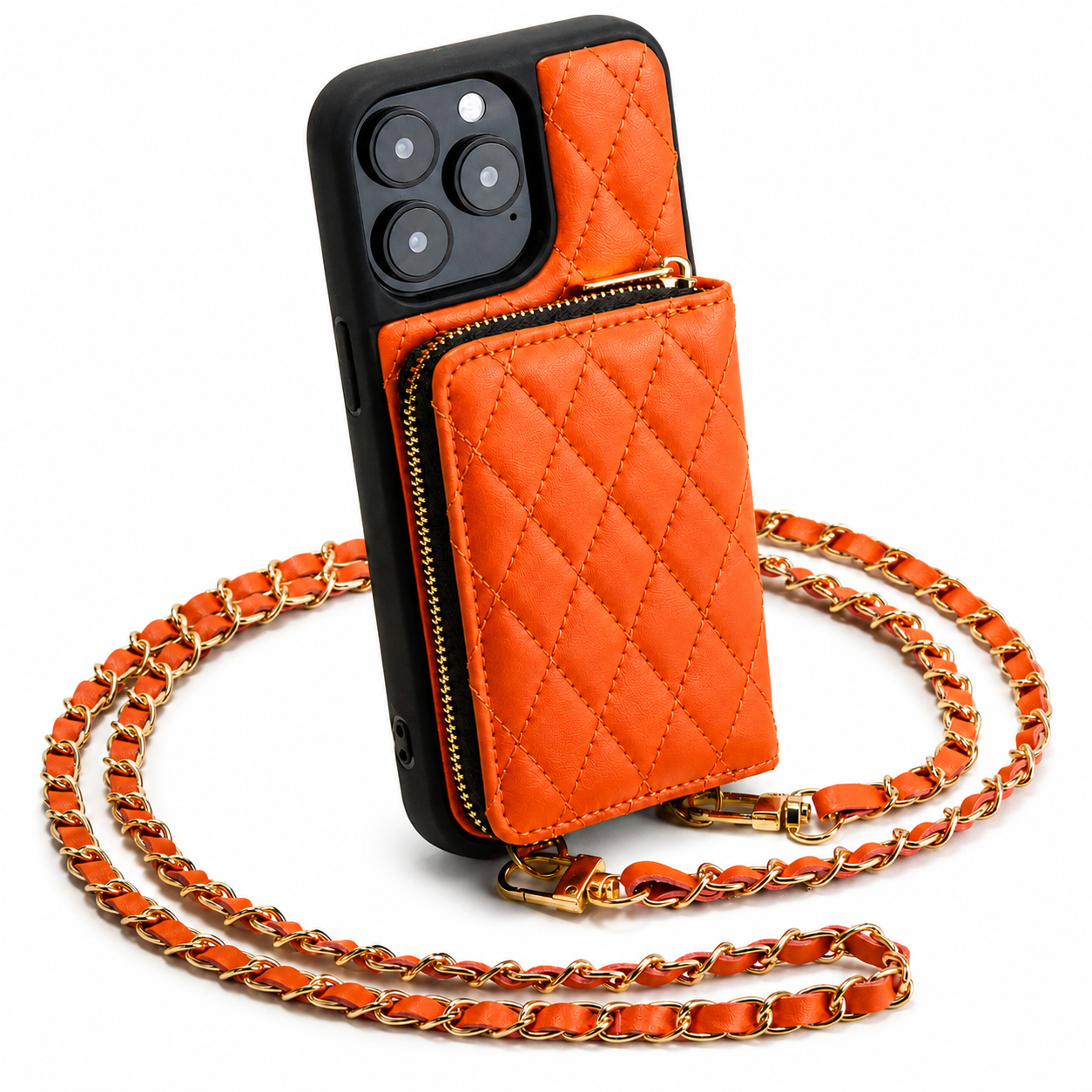 Premium iPhone Case Wallet Cover Card Holder Crossbody Chain Strap Shockproof Protective Cover Leather Design Non Slip Grip