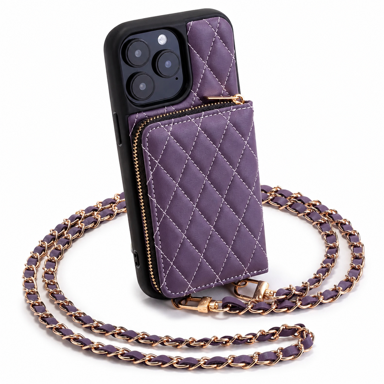 Premium iPhone Case Wallet Cover Card Holder Crossbody Chain Strap Shockproof Protective Cover Leather Design Non Slip Grip