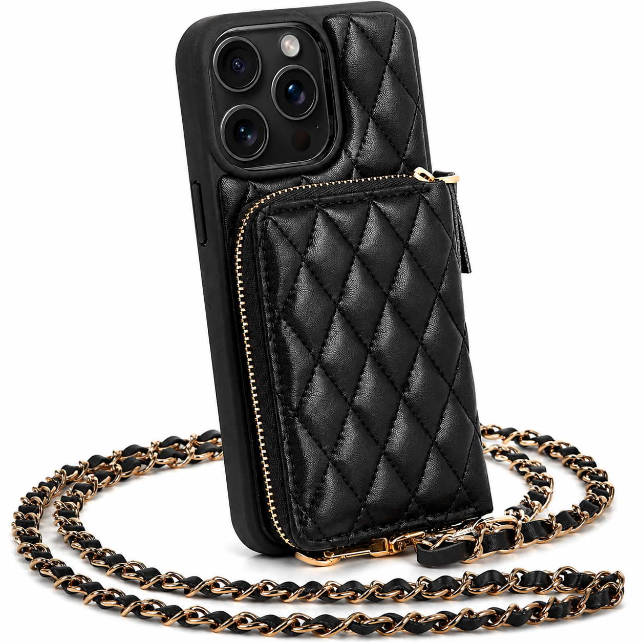 Premium iPhone Case Wallet Cover Card Holder Crossbody Chain Strap Shockproof Protective Cover Leather Design Non Slip Grip
