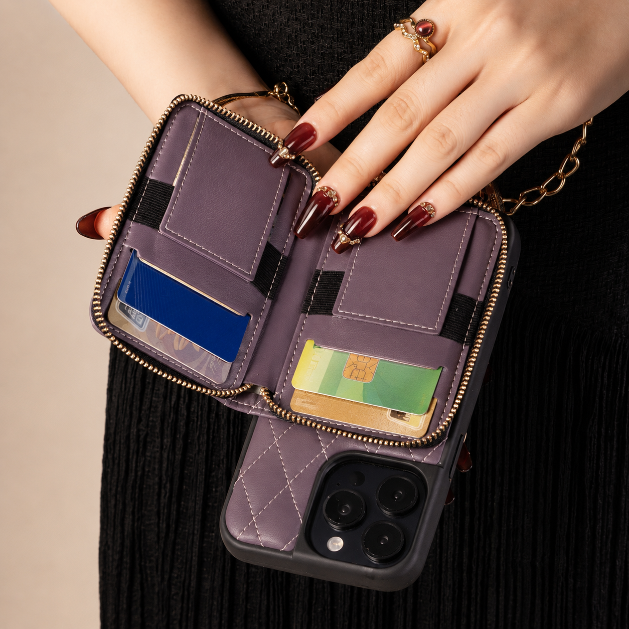 Premium iPhone Case Wallet Cover Card Holder Crossbody Chain Strap Shockproof Protective Cover Leather Non Slip Design