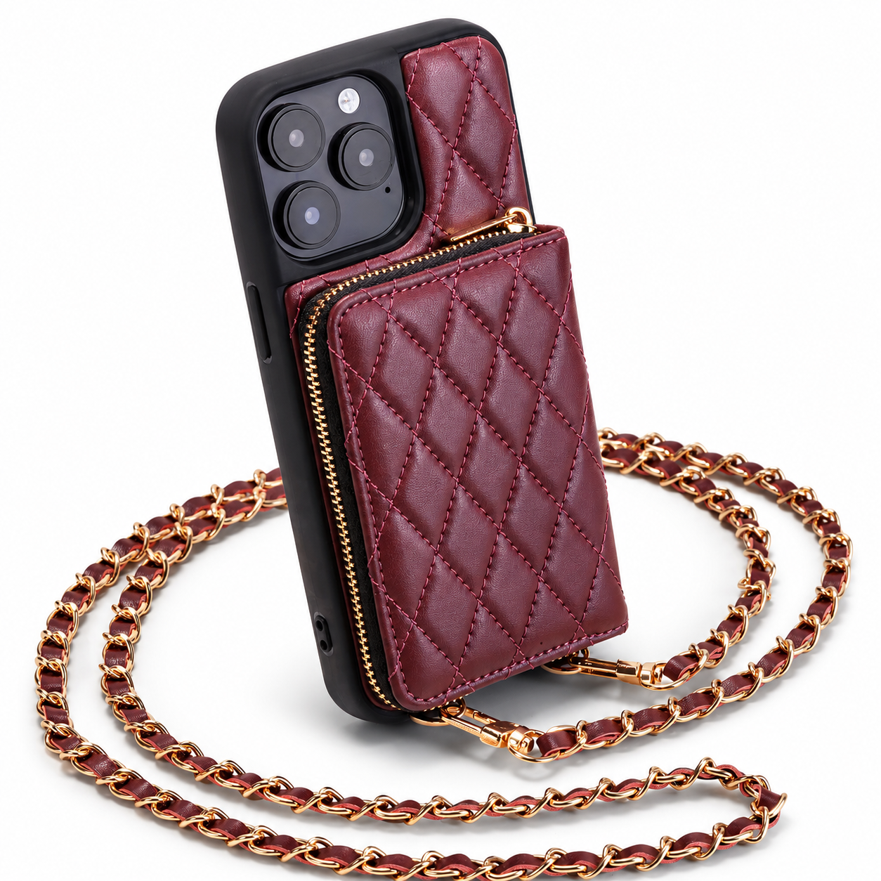 Premium iPhone Case Wallet Cover Card Holder Crossbody Chain Strap Shockproof Protective Cover Leather Non Slip Design