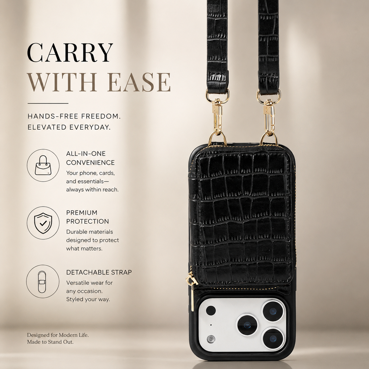Premium iPhone Case Wallet Cover Card Holder Crossbody Strap Anti Fingerprint Protective Cover Crocodile Leather Design