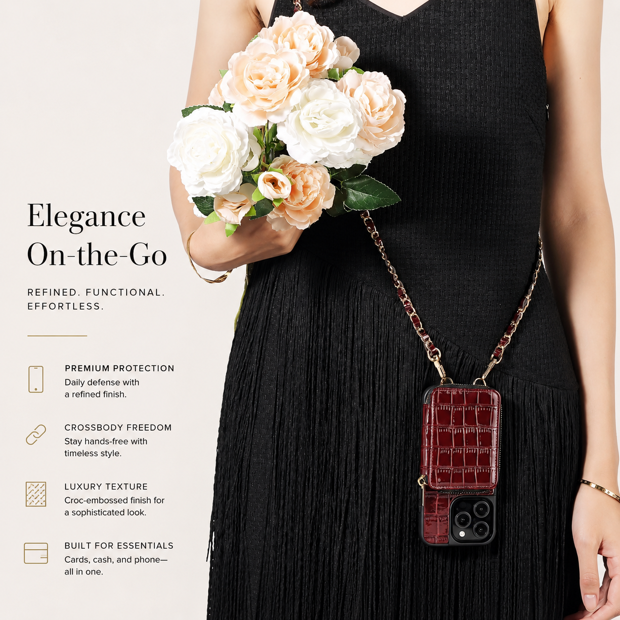 Premium iPhone Case Wallet Cover Card Holder Crossbody Strap Anti Fingerprint Protective Cover Crocodile Leather Design
