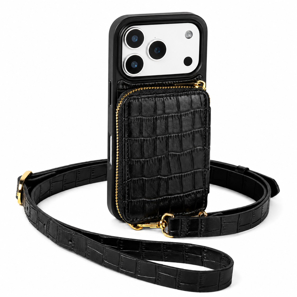Premium iPhone Case Wallet Cover Card Holder Crossbody Strap Anti Fingerprint Protective Cover Crocodile Leather Design
