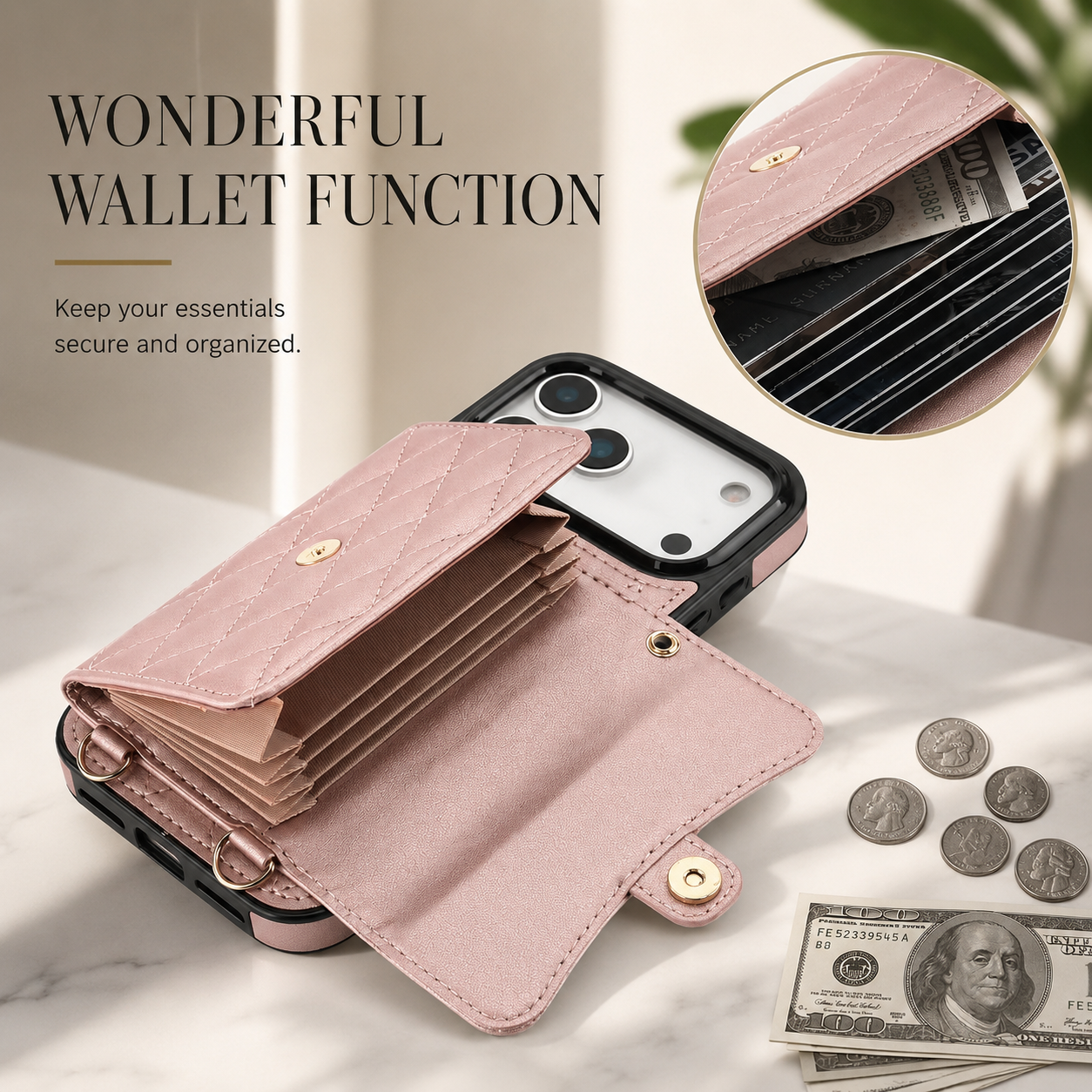Premium iPhone Case Wallet Cover Card Holder Crossbody Strap Coin Pocket Shockproof Protective Cover Leather Storage Design