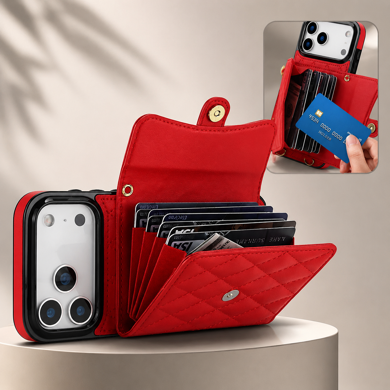Premium iPhone Case Wallet Cover Card Holder Crossbody Strap Coin Pocket Shockproof Protective Cover Leather Storage Design