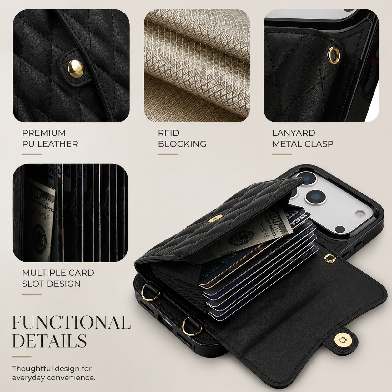 Premium iPhone Case Wallet Cover Card Holder Crossbody Strap Coin Pocket Shockproof Protective Cover Leather Storage Design