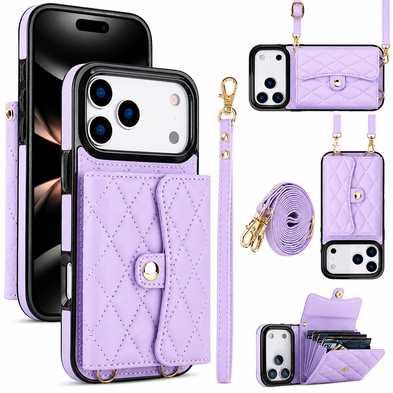 Premium iPhone Case Wallet Cover Card Holder Crossbody Strap Coin Pocket Shockproof Protective Cover Leather Storage Design