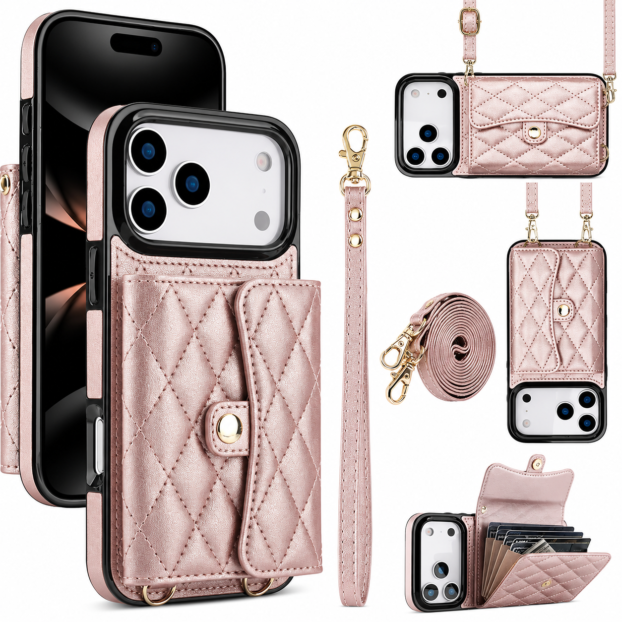 Premium iPhone Case Wallet Cover Card Holder Crossbody Strap Coin Pocket Shockproof Protective Cover Leather Storage Design