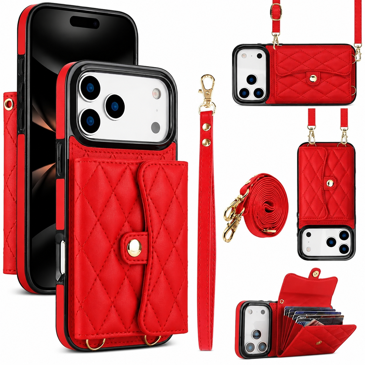 Premium iPhone Case Wallet Cover Card Holder Crossbody Strap Coin Pocket Shockproof Protective Cover Leather Storage Design