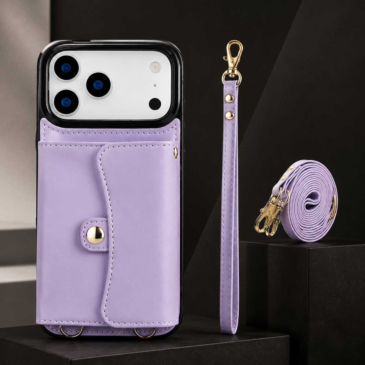 Premium iPhone Case Wallet Cover Card Holder Crossbody Strap Coin Pocket Shockproof Protective Cover Leather Storage Design