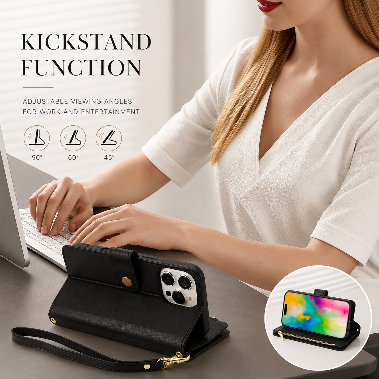 Premium iPhone Case Wallet Cover Card Holder Leather Flip Case Magnetic Closure Shockproof Protective Design Zipper Storage Chain Strap Kickstand Holder