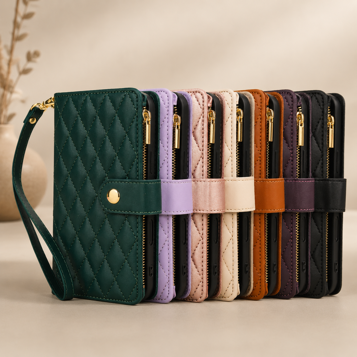 Premium iPhone Case Wallet Cover Card Holder Leather Flip Case Magnetic Closure Shockproof Protective Design Zipper Storage Chain Strap Kickstand Holder