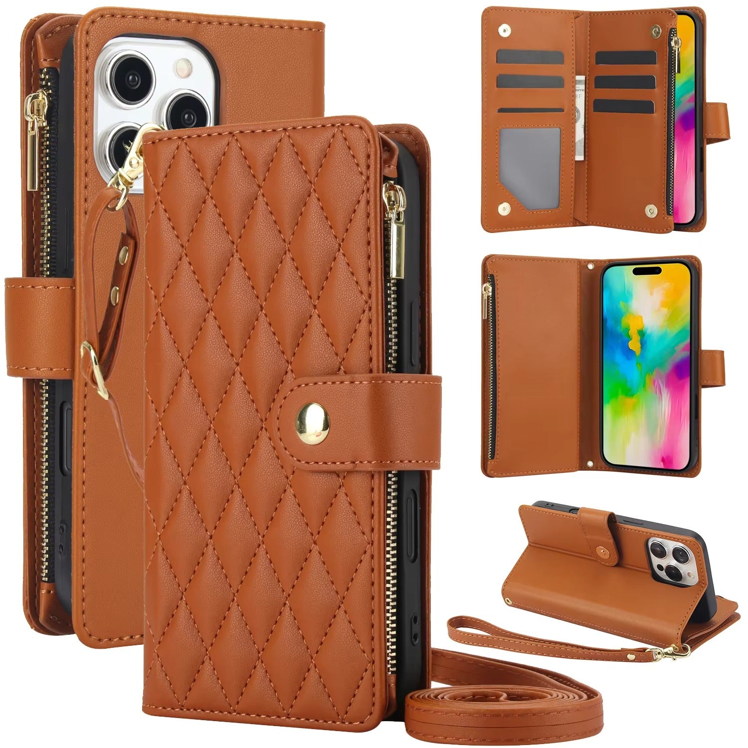Premium iPhone Case Wallet Cover Card Holder Leather Flip Case Magnetic Closure Shockproof Protective Design Zipper Storage Chain Strap Kickstand Holder