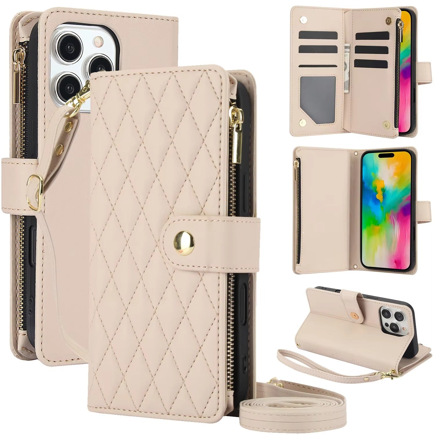 Premium iPhone Case Wallet Cover Card Holder Leather Flip Case Magnetic Closure Shockproof Protective Design Zipper Storage Chain Strap Kickstand Holder