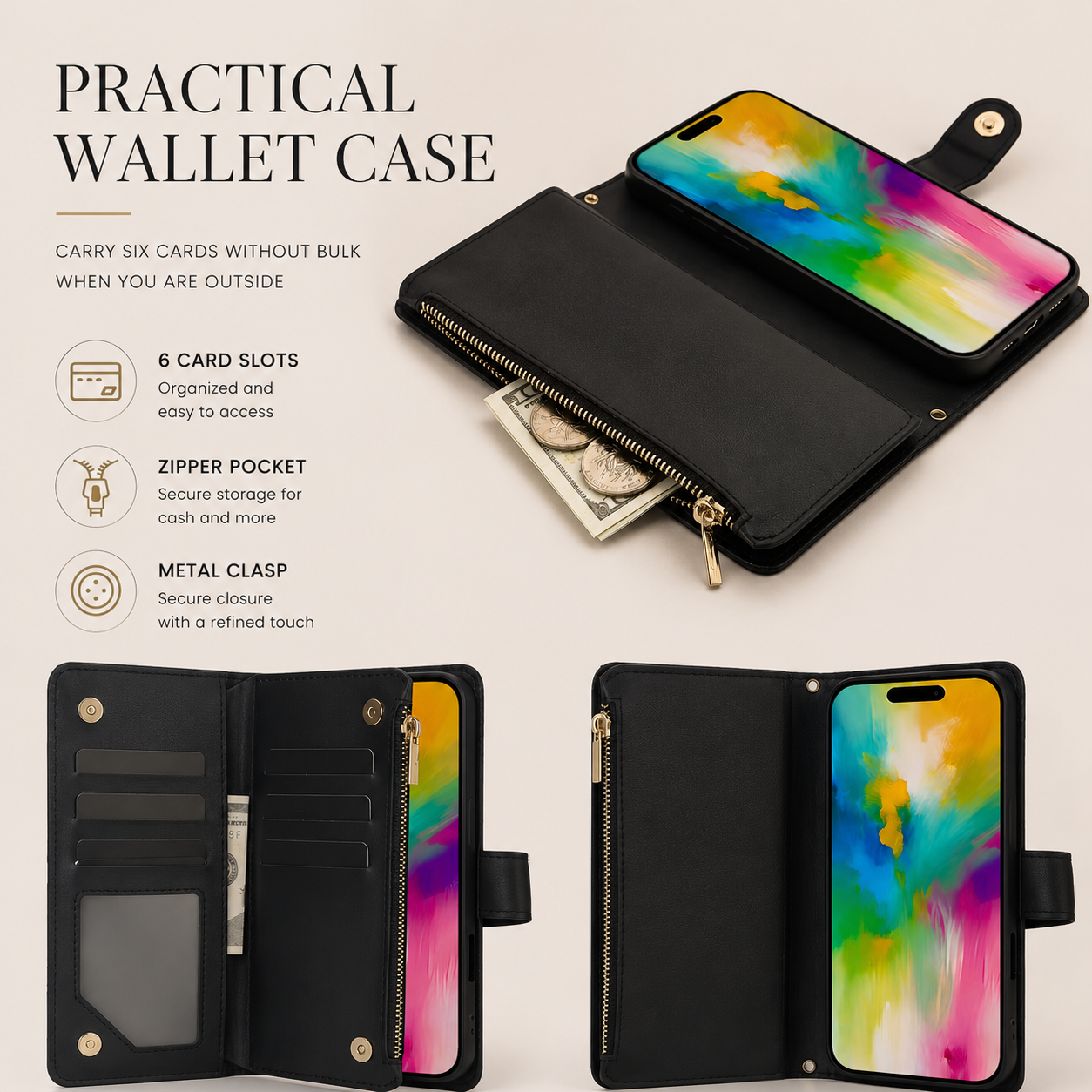 Premium iPhone Case Wallet Cover Card Holder Leather Flip Case Magnetic Closure Shockproof Protective Design Zipper Storage Chain Strap Kickstand Holder