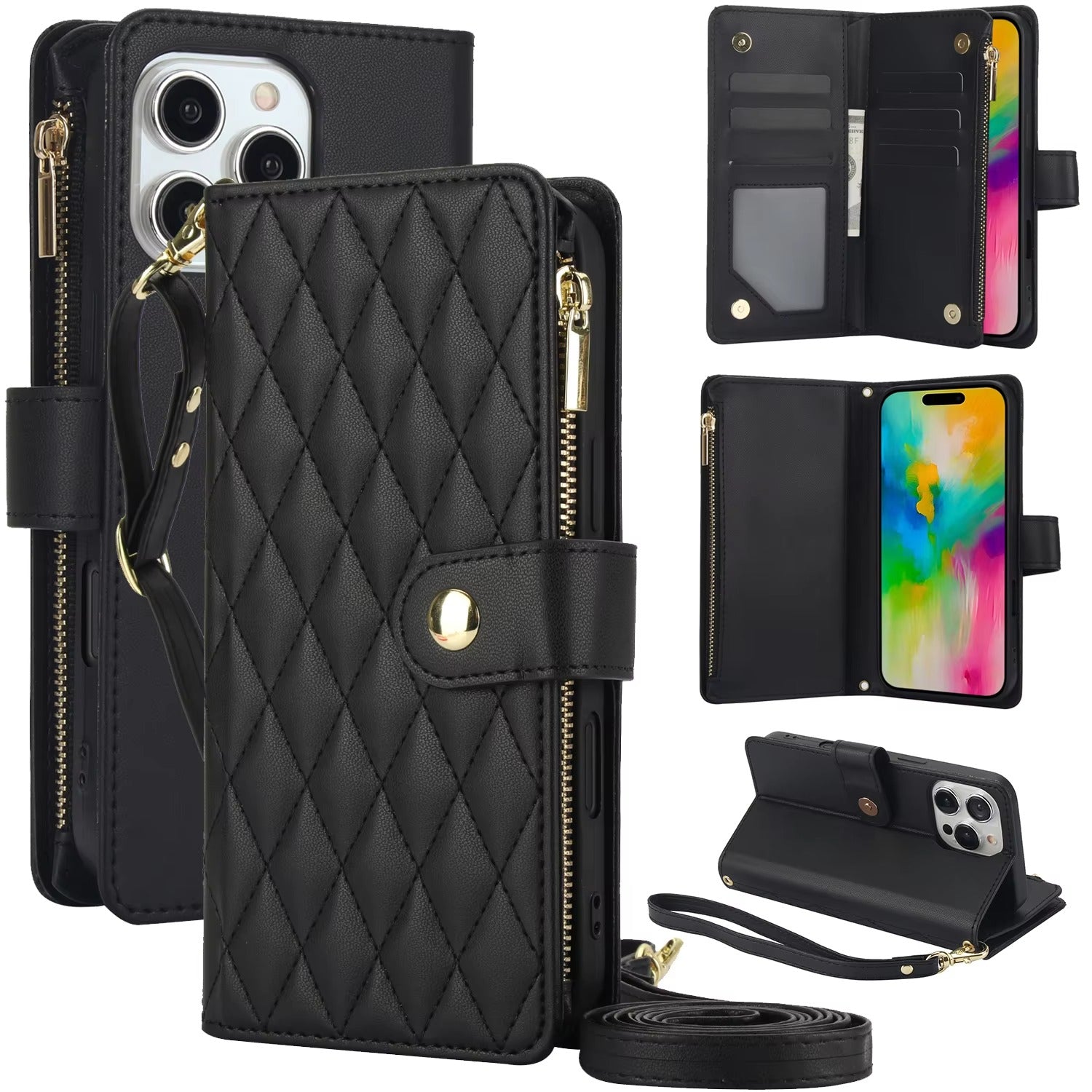 Premium iPhone Case Wallet Cover Card Holder Leather Flip Case Magnetic Closure Shockproof Protective Design Zipper Storage Chain Strap Kickstand Holder