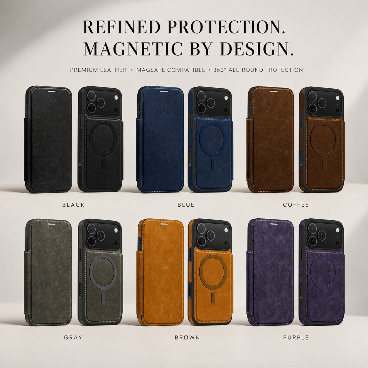 Premium iPhone Case Wallet Cover Card Holder Magnetic Charging Compatible Leather Flip Protective Cover Business Style Design