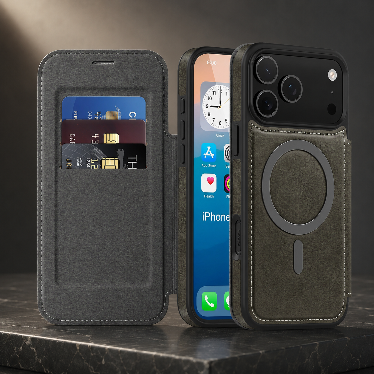 Premium iPhone Case Wallet Cover Card Holder Magnetic Charging Compatible Leather Flip Protective Cover Business Style Design