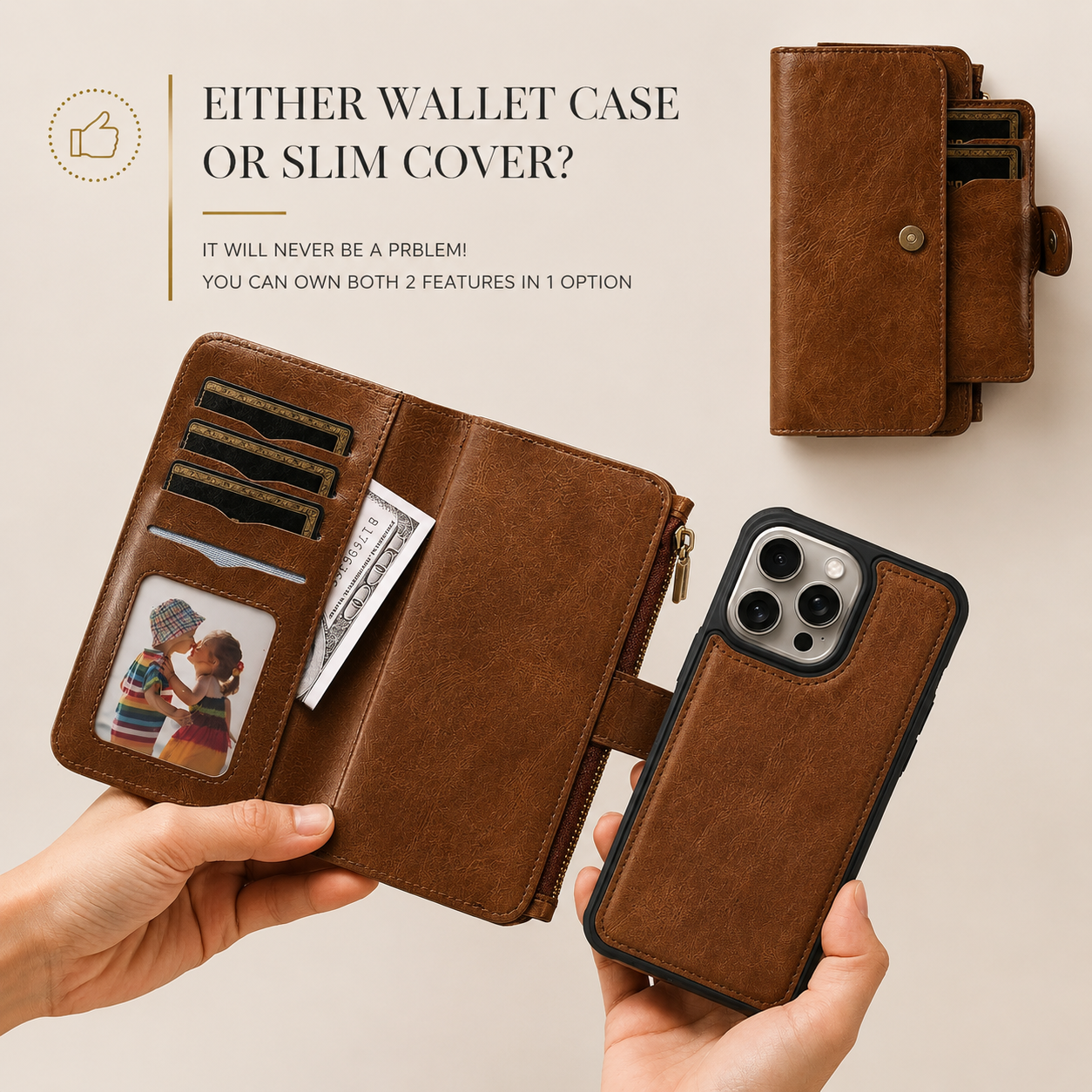Premium iPhone Case Wallet Cover Card Holder PU Leather Zipper Closure Shockproof Protective Case Anti Fingerprint Non Slip Detachable Design