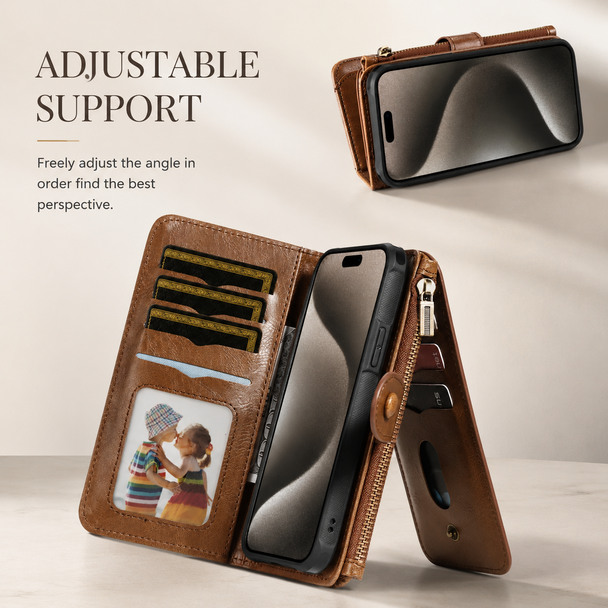 Premium iPhone Case Wallet Cover Card Holder PU Leather Zipper Closure Shockproof Protective Case Anti Fingerprint Non Slip Detachable Design