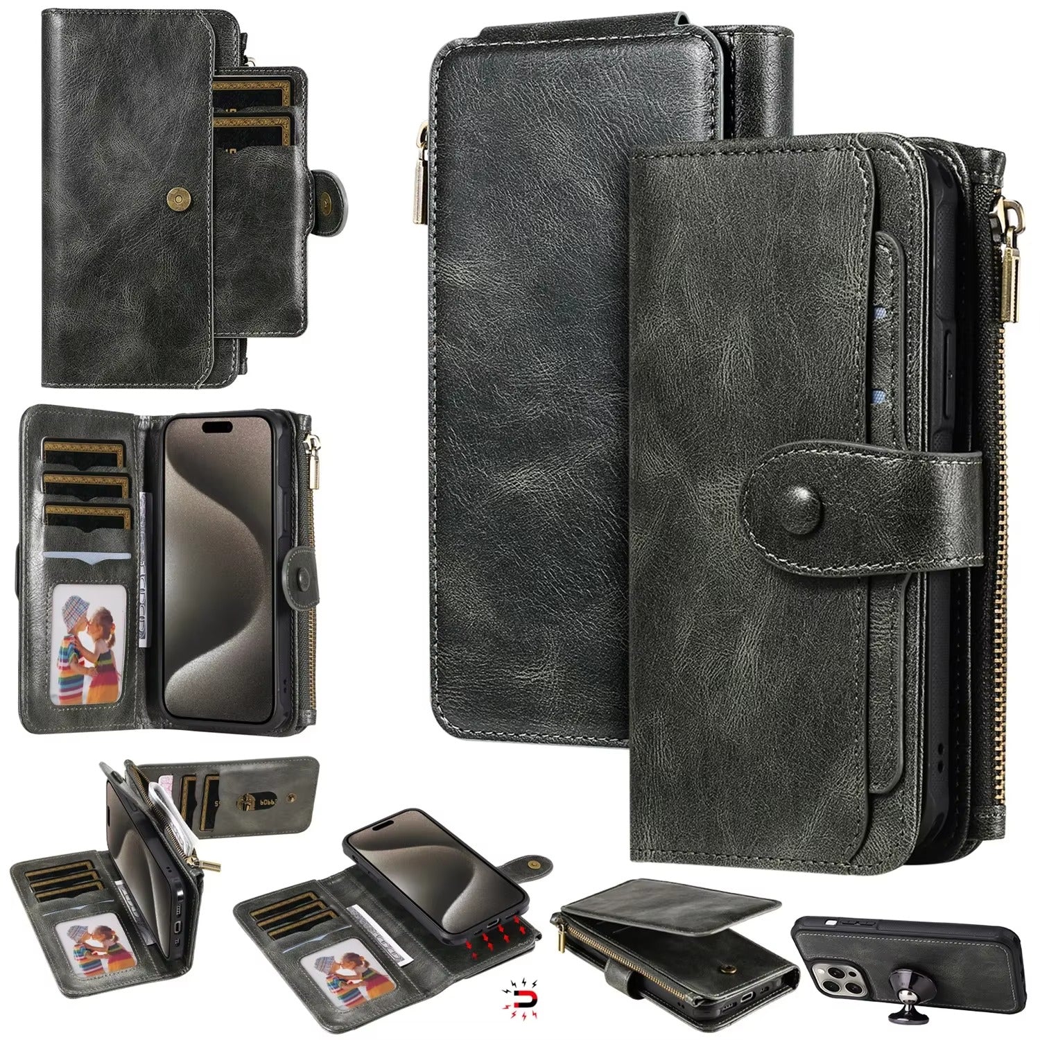 Premium iPhone Case Wallet Cover Card Holder PU Leather Zipper Closure Shockproof Protective Case Anti Fingerprint Non Slip Detachable Design
