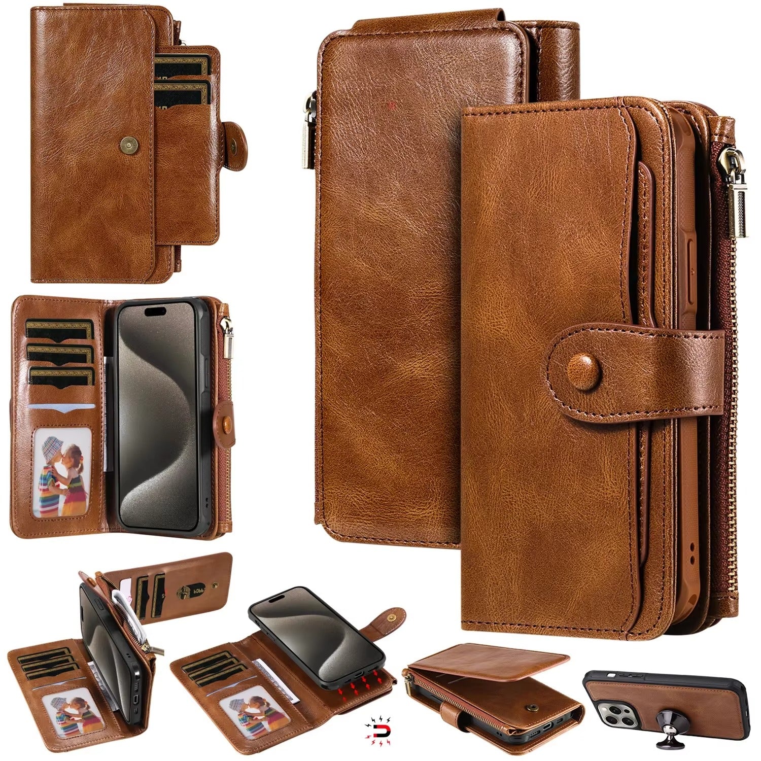 Premium iPhone Case Wallet Cover Card Holder PU Leather Zipper Closure Shockproof Protective Case Anti Fingerprint Non Slip Detachable Design