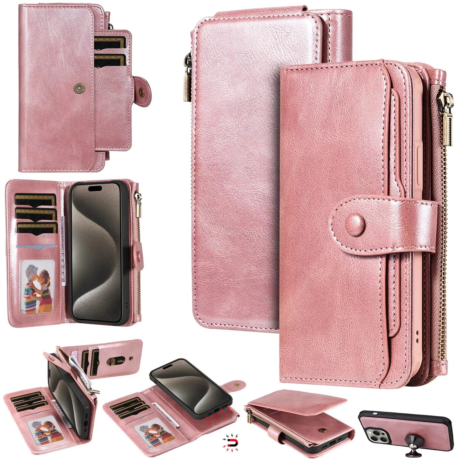 Premium iPhone Case Wallet Cover Card Holder PU Leather Zipper Closure Shockproof Protective Case Anti Fingerprint Non Slip Detachable Design