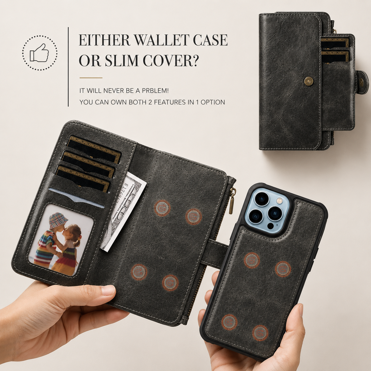 Premium iPhone Case Wallet Cover Card Holder PU Leather Zipper Closure Shockproof Protective Case Anti Fingerprint Non Slip Detachable Design